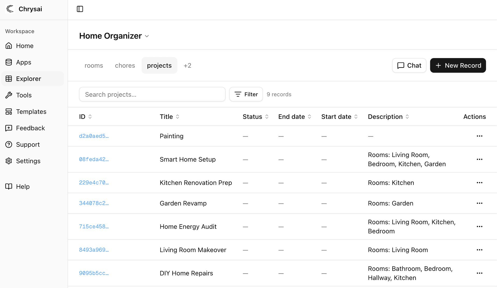 Chrysai data explorer showing app records